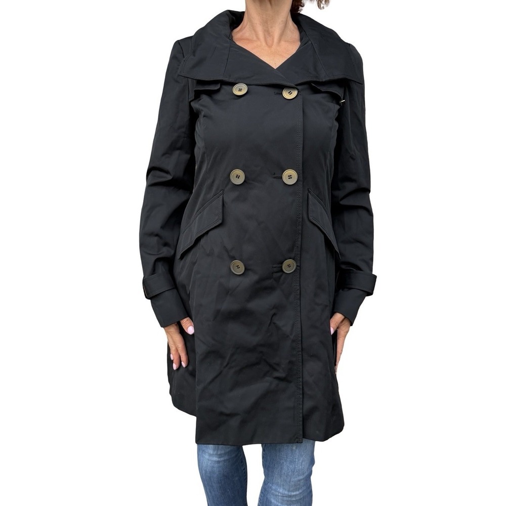 Ellen Tracy Black Trench Coat Rain Water Repellant Double Breasted Hooded XS NWT
